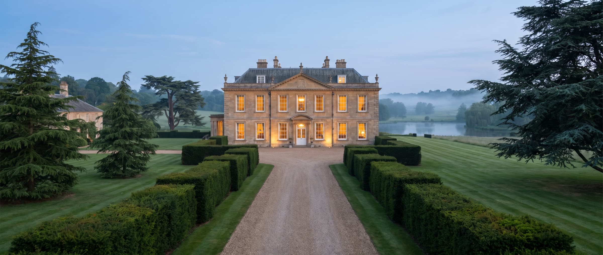A grand English country estate house at dusk